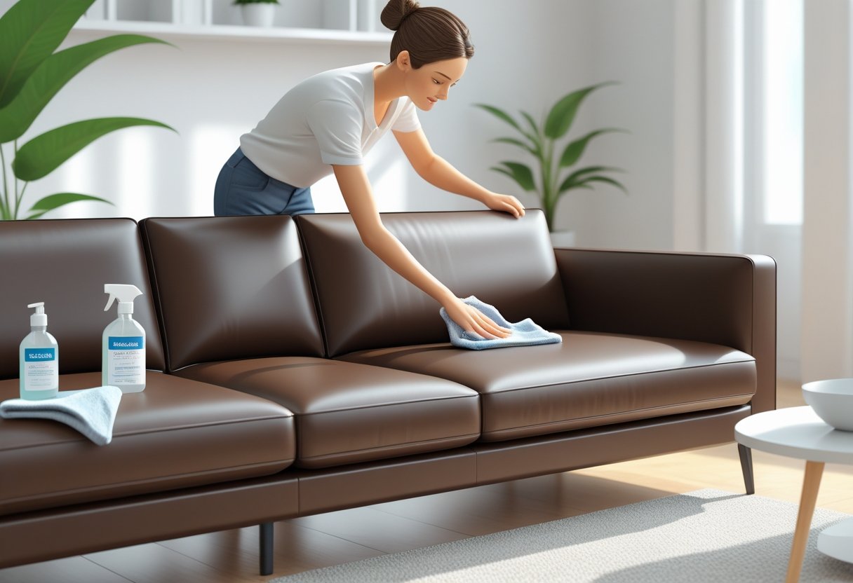 Pessoa limpando um sofá de couro sintético em uma sala de estar moderna.