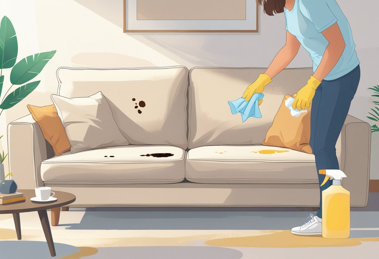 Pessoa examinando um sofá com diferentes tipos de manchas em uma sala de estar.